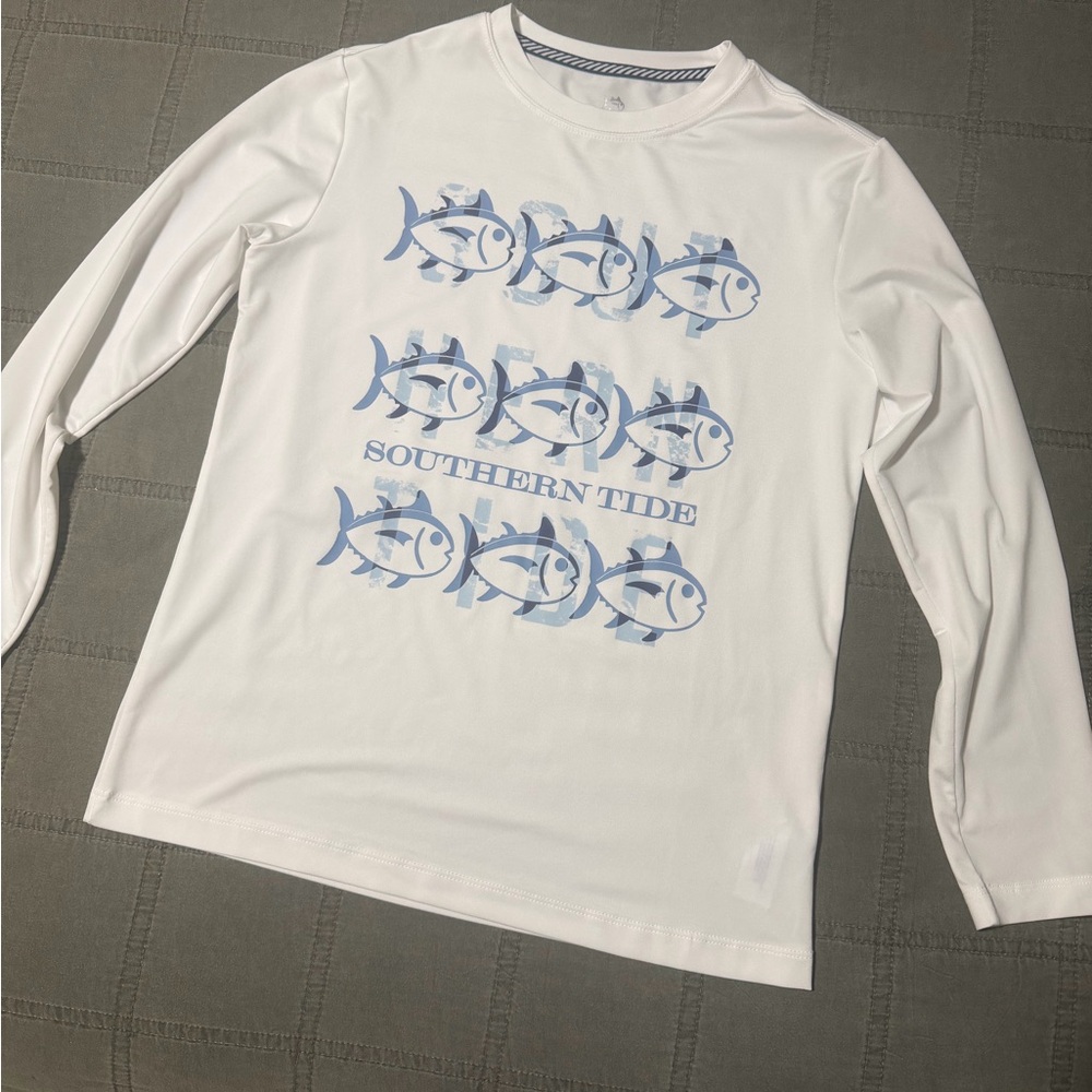 Southern Tide White Shirt with Blue Fish Pattern